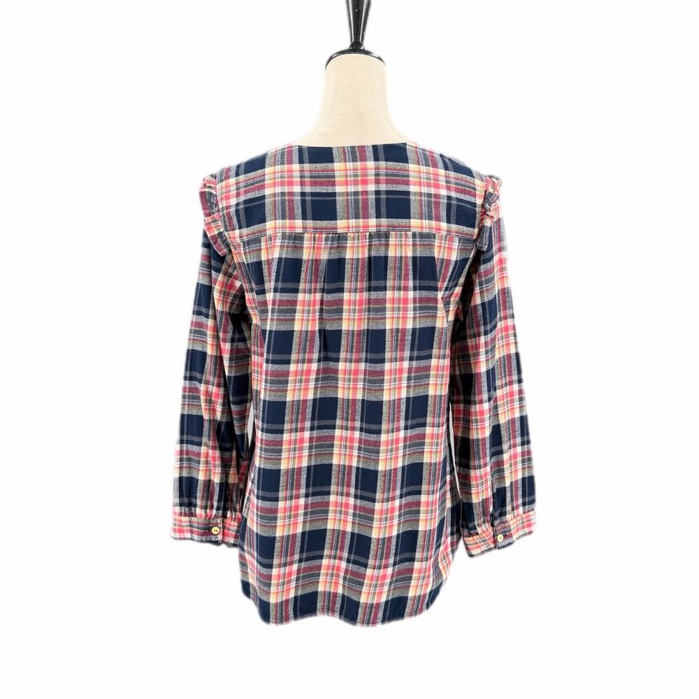 Anthropologie Isabella Sinclair Pink Navy 100% Cotton Ruffle Plaid Academia Top - Picture 4 of 13